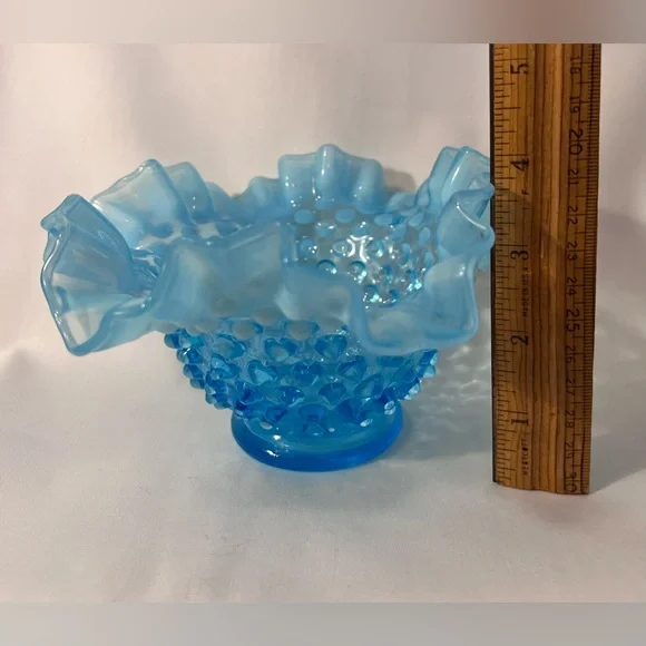 Fenton Blue Opalescent Double Crimped Bowl - Picture 6 of 6